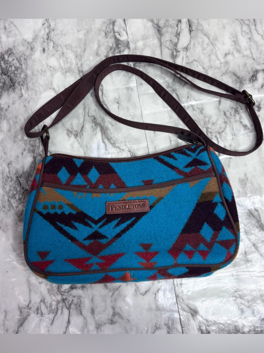 Pendleton Turquoise Burgundy Geometric Wool Crossbody Bag purse boho western